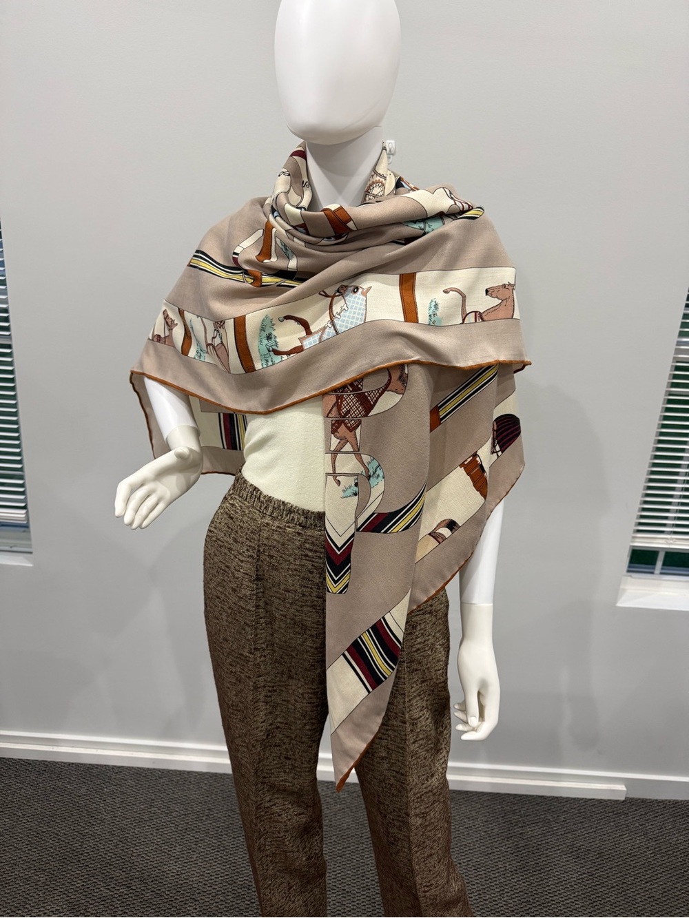Neutral Beige Printed Silk & Cashmere Scarf with Equestrian Motif - Picture 10 of 14